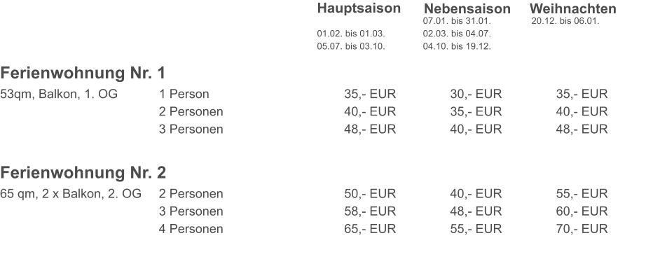 Hauptsaison 		07.01. bis 31.01.		 20.12. bis 06.01. 01.02. bis 01.03.		02.03. bis 04.07.	 05.07. bis 03.10.		04.10. bis 19.12.		  	  Nebensaison	Weihnachten  	 Ferienwohnung Nr. 1 53qm, Balkon, 1. OG		1 Person						35,- EUR			30,- EUR			35,- EUR 2 Personen					40,- EUR			35,- EUR			40,- EUR		 3 Personen					48,- EUR			40,- EUR			48,- EUR		  Ferienwohnung Nr. 2 65 qm, 2 x Balkon, 2. OG	2 Personen					50,- EUR 		40,- EUR			55,- EUR		 3 Personen					58,- EUR	        	48,- EUR			60,- EUR	 4 Personen					65,- EUR			55,- EUR			70,- EUR